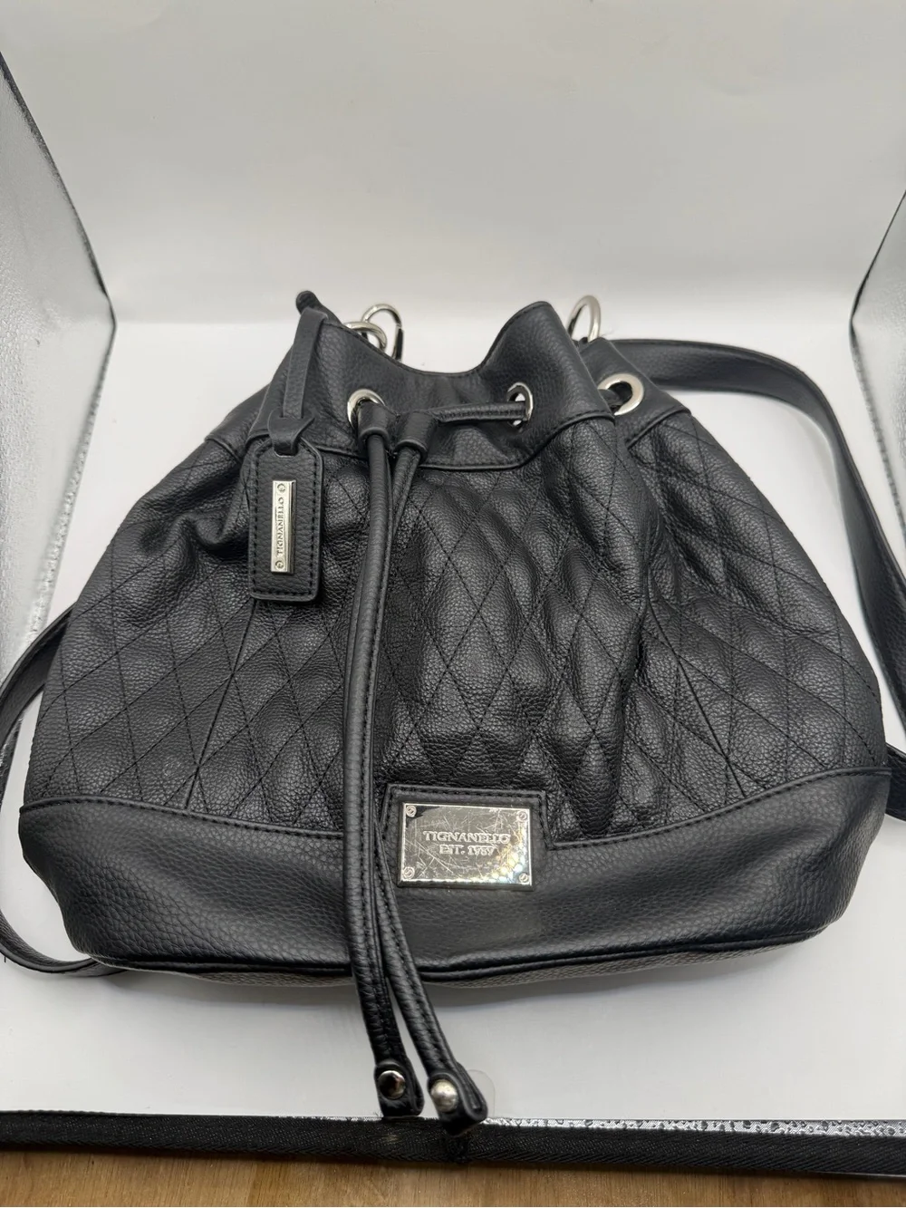 Tignanello Black Quilted Drawstring Bucket Shoulder Bag Purse